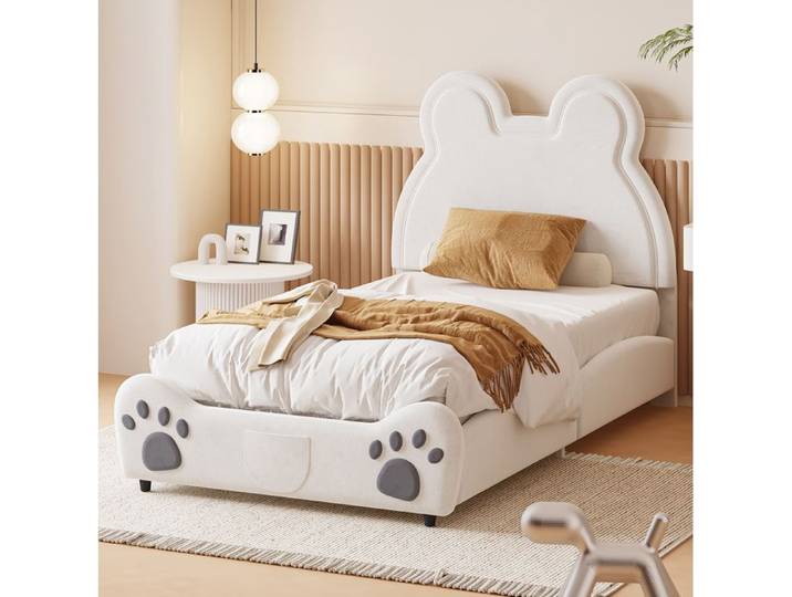 Lit enfant 90x200 cm en forme d ours Tissu Velours Sommier a Lattes Structure Rembourree Blanc