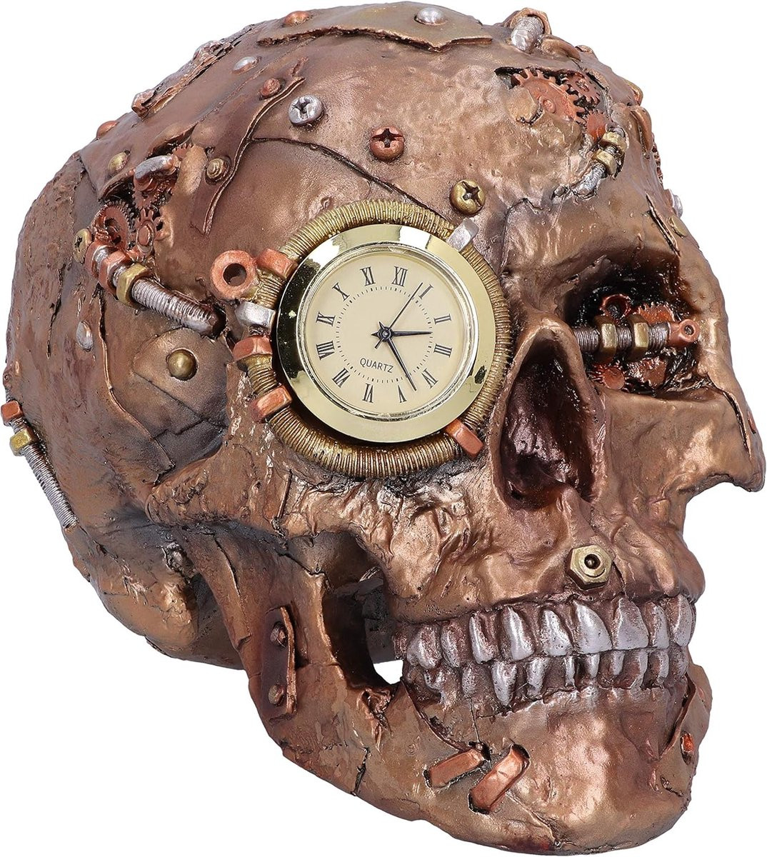 Steampunk Schedel Beeldje met Mechanische Verbeteringen - Bruin - 19 cm