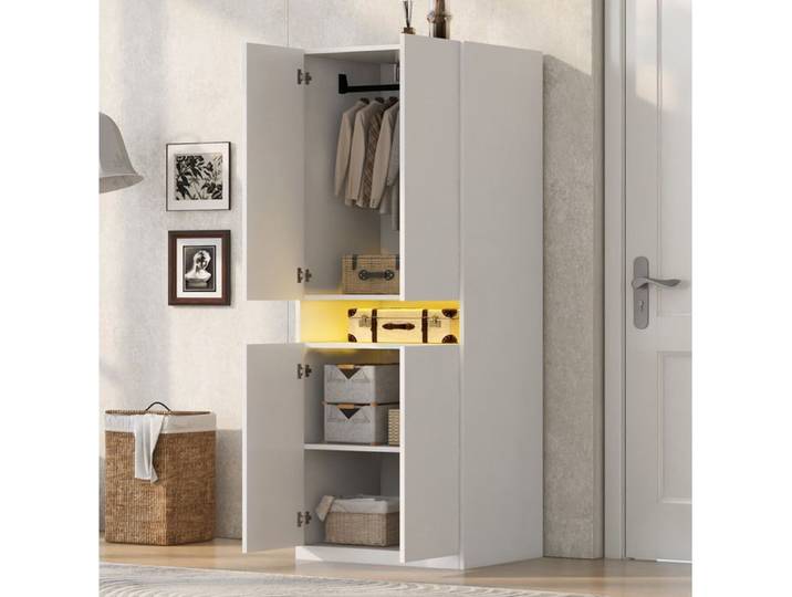Armoire de Chambre 4 Portes Battantes Penderie et Niche LED - MEUNIQ - Contemporaine MDF Blanc 70×55×180 cm