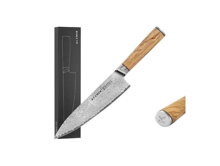 KLAMER Damastmesser Chefmesser 20cm Olive, extra scharfes Küchenmesser, echter japanische…, 67-Lagen Damaststahl, 61 HRC, 13° Schnittwinkel