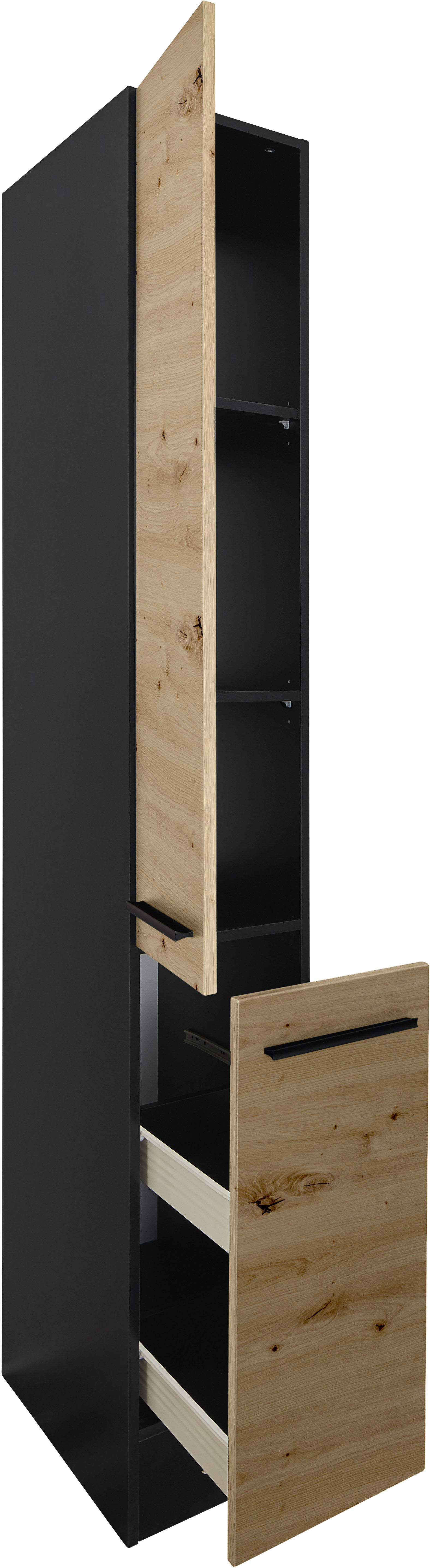 Vorratsschrank BASIC BY BALCULINA "Jazz 30er Vorratsschrank, Küchenschrank BxHxT 30x211x57 cm", schwarz (artisan eiche, anthrazit), B:30cm H:211cm T:57cm, Holzwerkstoff, Schränke, Vorratsschrank, Vorratsschrank mit 1 Tür, 1 Auszug und 2 Einlegeböden artis