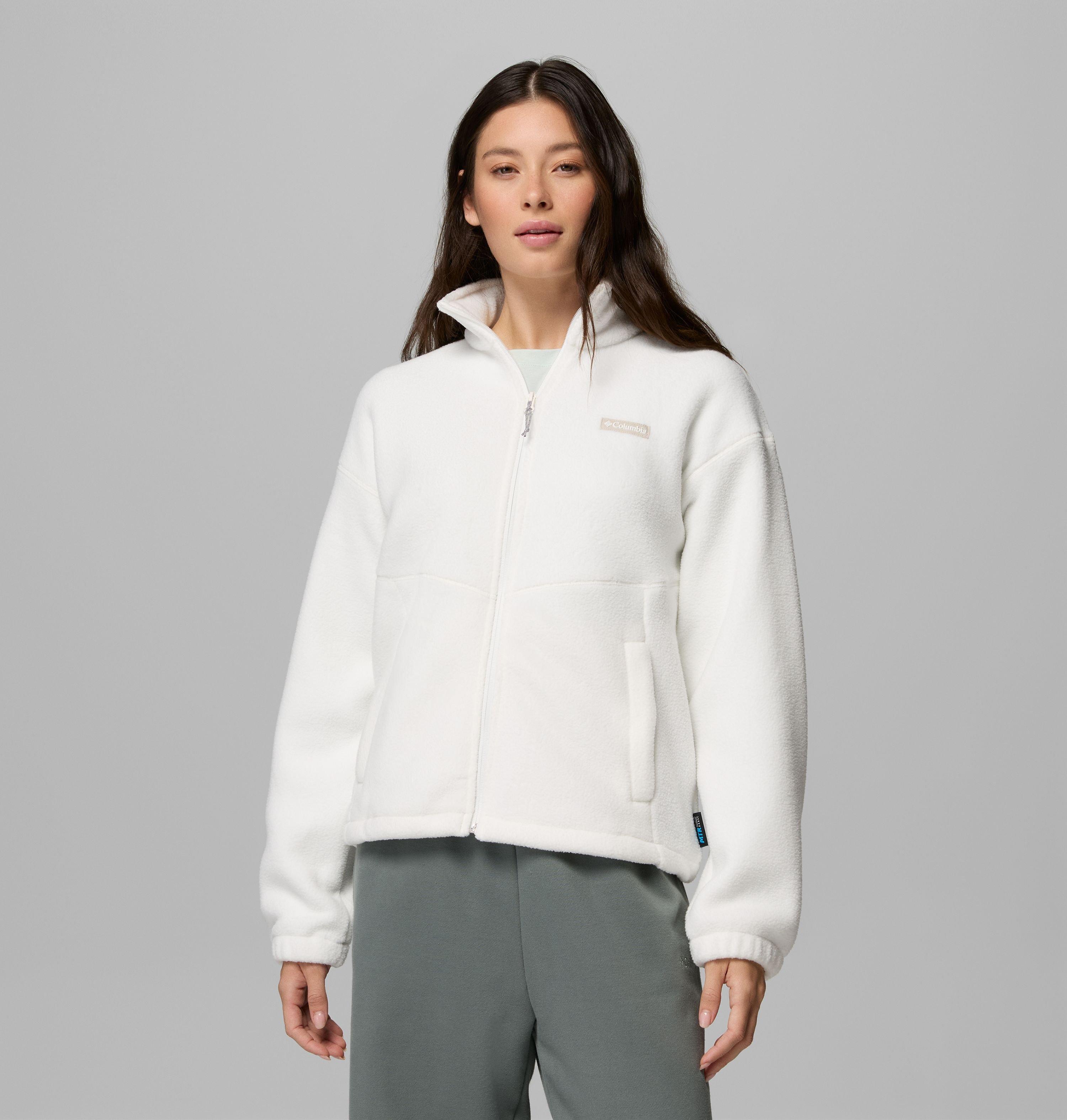 Fleecejacke COLUMBIA "Timber Meadow MTR Fleece Full Zip", Damen, Gr. XS (32), weiss (sea salt), Fleece, Obermaterial: 100% Polyester, normal, Jacken Fleecejacke, mit durchgehendem Reissverschluss, wasserabweisend, windabweisend sea salt XS (32)