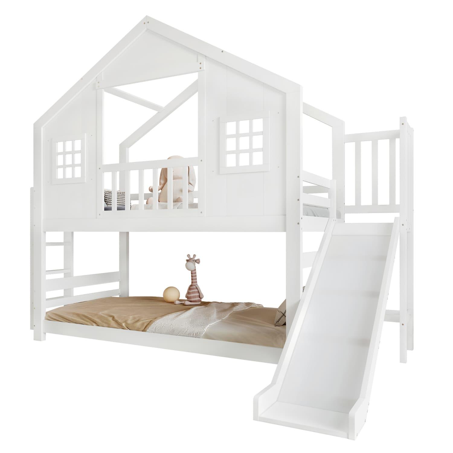Etagenbett mit Kinderrutsche, Kinderbett, Exquisites Fenster- und Dachdesign, Stabiler Lattenrost und Stufen, Kiefer + MDF+Sperrholz, Weiß, 90x200cm