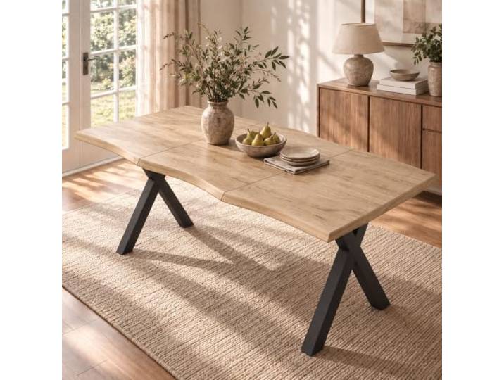Merax Esstisch 160x78x75 cm, Holzfarbe, für 4-6 Personen, wellenförmige Tischplatte, X-förmige Eisenbeine, minimalistischer Stil, verdickte Platte