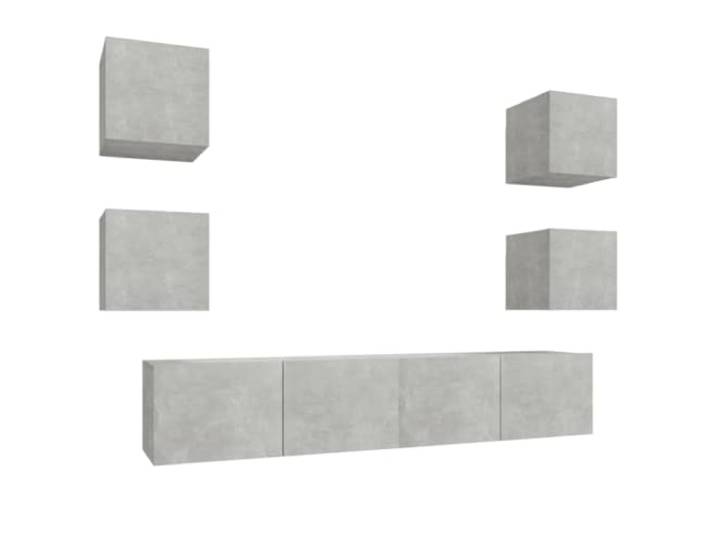 KGFHERENB 6-tlg. TV-Schrank Set Wandmontage Hängend Betongrau Flexible Wandelemente schaffen platzsparende Ordnung im Schlafzimmer und bieten praktische Ablagen für Medien.