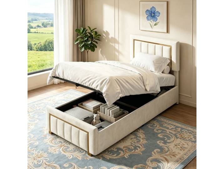 Lit 90x200cm avec Tête de lit Réglable - Cadre de lit Coffre Simple 90x200cm avec Sommier en Bois - Tissu velours - Blanc