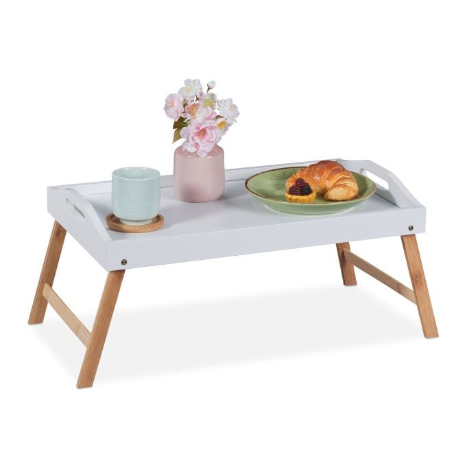 Relaxdays Inklapbare bedtafel met bamboe dienblad, wit/bruin
