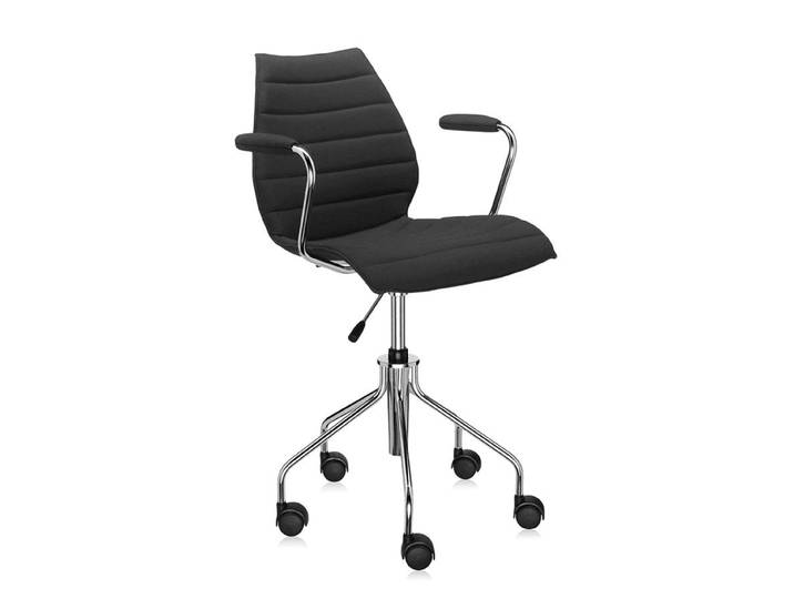 KARTELL chaise à roulettes avec accoudoirs MAUI SOFT TREVIRA (Noir - Tissu Trevira / Structure en acier chromé)