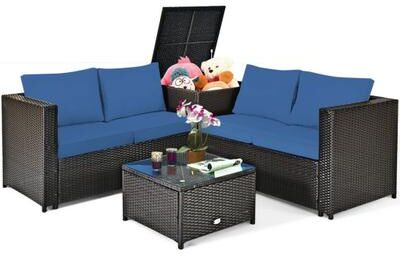 Costway 4 Pieces Outdoor Patio Rattan Furniture Set with Cushioned Loveseat and Storage Box-Navy