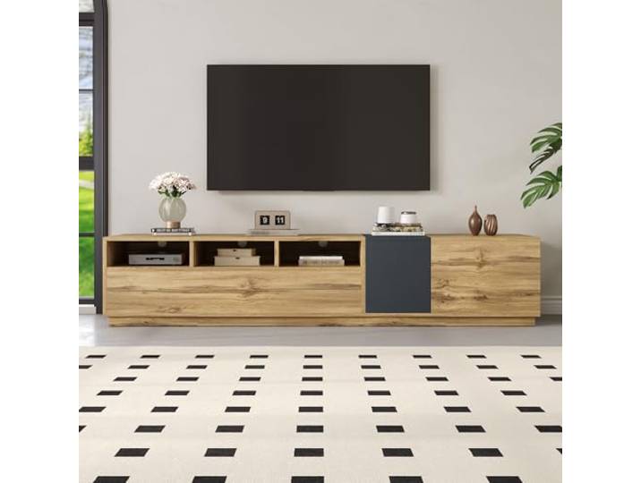 Merax TV-Schrank 200x45x45 cm, mit Holzplatte, Moderner TV-Ständer mit offenen Fächern, Kabelöffnungen und geschlossenen Türen, fürs Wohnzimmer, Holzfarbe und Dunkelgrau