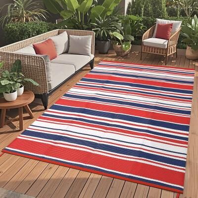 Garvee Waterproof Outdoor Rug Modern Striped Plastic Straw Rug, Outside Reversible Camping Rug, UV-Resistant
