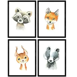 POSTER Set mit 4 Waschbär Stinktier Reh und Fuchs A3 Rahmenlos