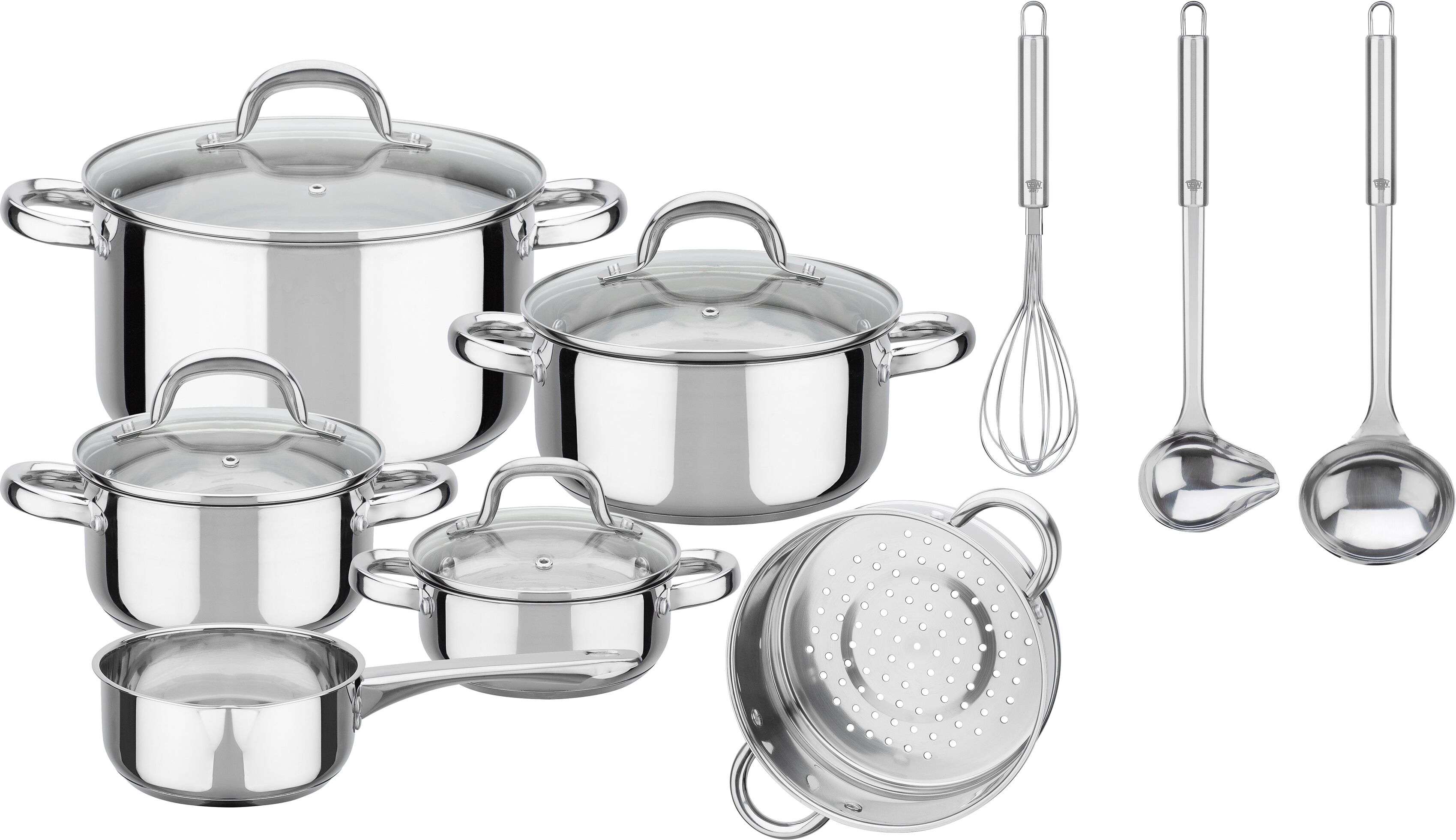 Topf-Set GSW "Montreal", silber (silberfarben), L:8,5cm, Töpfe, Topf-Set, inkl. aller Kochutensilien, die eine Haushaltsküche benötigt Induktion