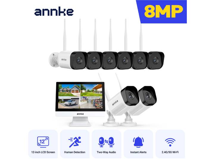 Caméra de sécurité WiFi Annke 8MP, écran LCD 12 pouces, 2.4G 5.8G, système de caméra sans fil 4K, communication vocale bidirectionnelle, vision nocturne IR, caméra WiFi extérieure