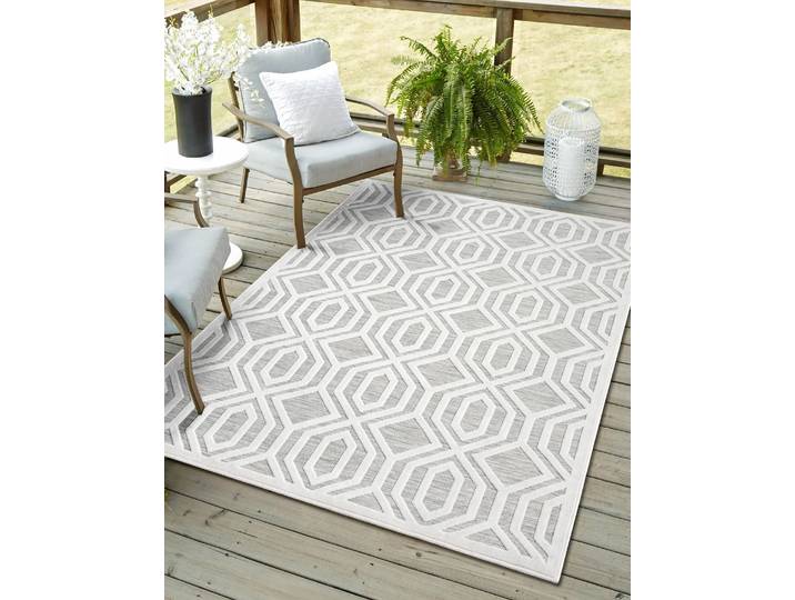 Outdoorteppich Haven, LAGERRÄUMUNG , grau (grau,weiß), B:80cm H:8mm L:150cm, Polypropylen, MYFLAIR MÖBEL & ACCESSOIRES, Teppiche, Outdoorteppich, Rauten Motiv, Hoch-Tief Effekt, Outdoor geeignet, Balkon, Terrasse
