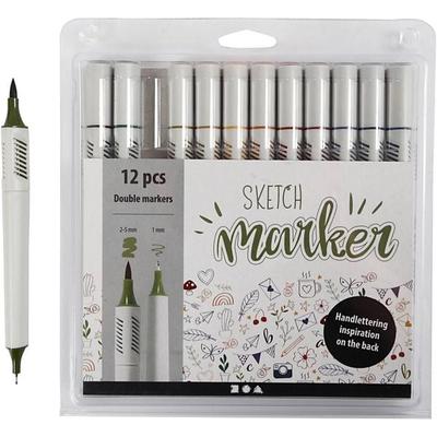 Creativ Company Sketch Marker, Strichstärke 1+2-5 mm, sanfte, dezente Farben, 12 Stk
