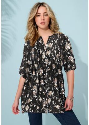 Plus Size Women's Plus Size Pintuck Tunic Blouse - Y-Neck & Roll-Tab Sleeves by Roaman's in Neutral Sketch Blossoms (Size 36 W) Button Down Tunic Shi