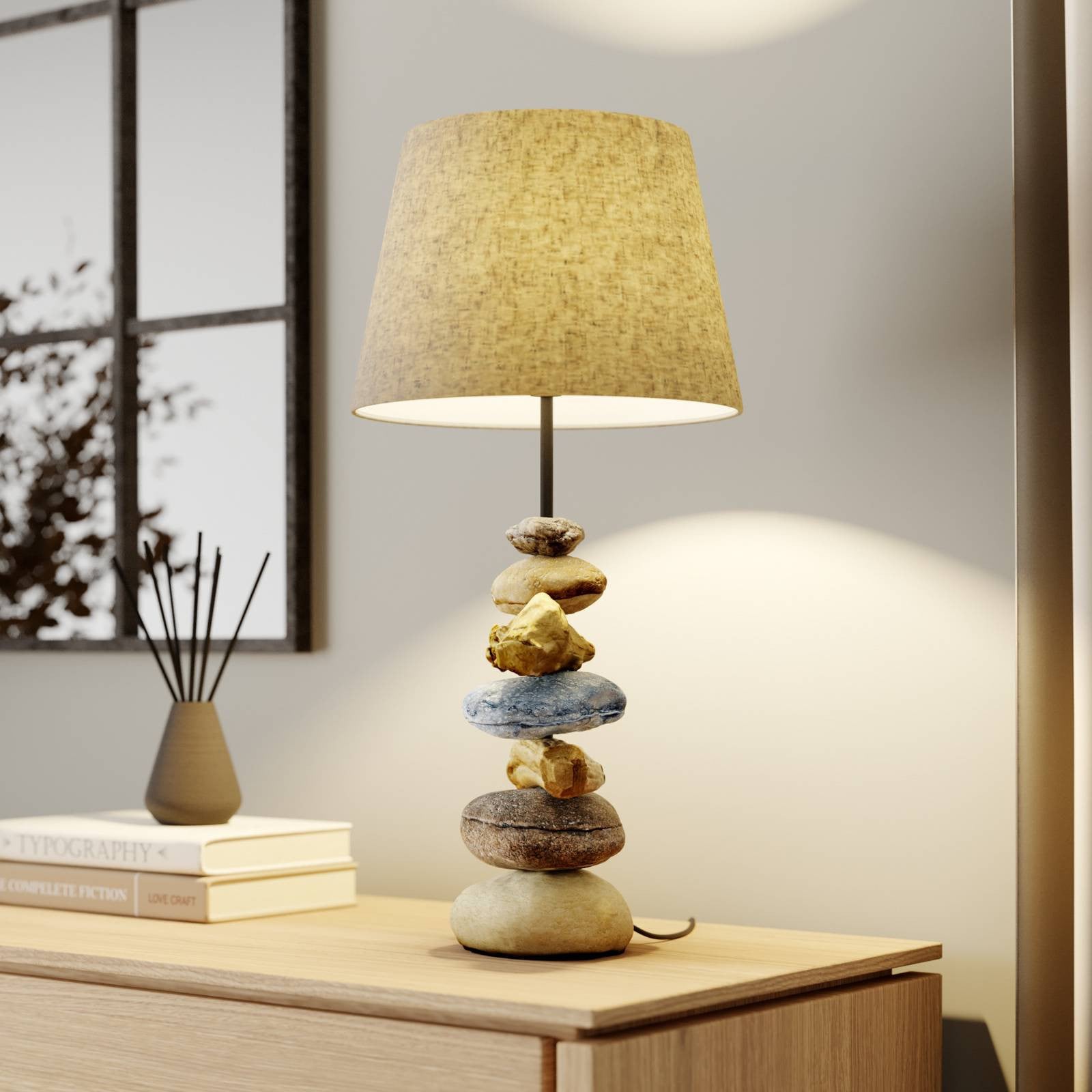 ONLI Tafellamp Vera - Grijs/Beige - Aluminium, Steen en Textiel