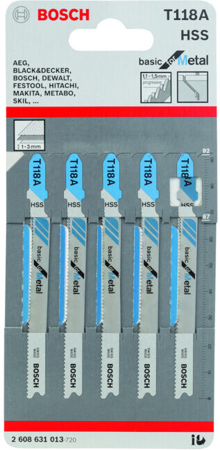 Lame de scie saut. L.67mm HSS dent.1,1mm T 118 A L.67mm HSS dent.1,1mm ondul. pr ; Bosch (2608631013)