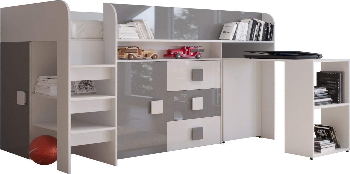 Etagenbett für Kinder Toledo 1 Stockbett mit Treppe und Bettkasten (Weiß + Grau Glanz)