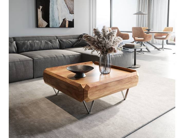 DELIFE Couchtisch Kiano 90x90 cm Akazie Natur 2 Schübe V-Fuß Edelstahl, Couchtische