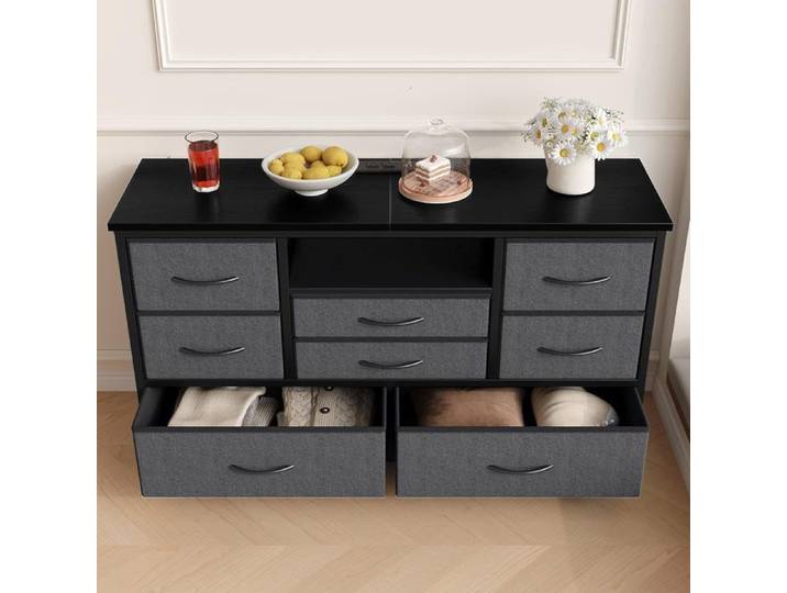 Commode Organisateur Lumineuse - PROMIRACAL - 8 Tiroirs Anti-Déformation + 3 Prises & 2 USB-A + LED RGB - 120x36x75cm - Gris
