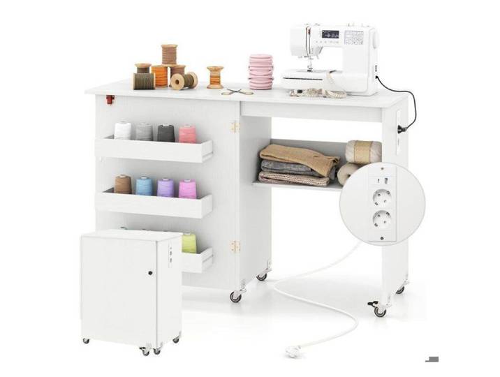 Table de Couture Pliable -RELAX4LIFE- Station de Recharge Intégrée - Grand Plateau - 3 Compartiments - Étagère de Rangement -Blanc