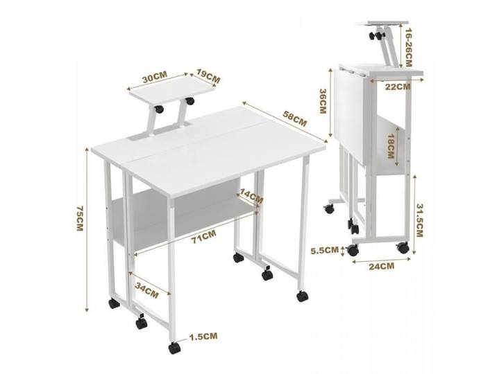 Bureau gaming pliable QUIIENCLEE cadre métallique avec roulettes rangement et tablette réglable bureau d'ordinateur blanc