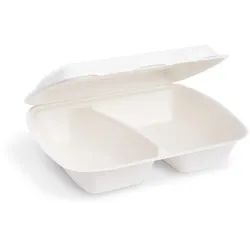 50x Bio Menüboxen Lunch-Boxen Zuckerrohr 2-geteilt 1000ml 241x202x70mm