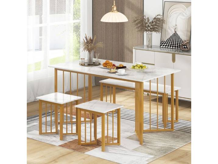 Ensemble Table à Manger avec 3 Chaises -RELAX4LIFE- Table de Cuisine - Banc et 2 Tabourets - Plateau en Marbre -Cadre en Métal Doré