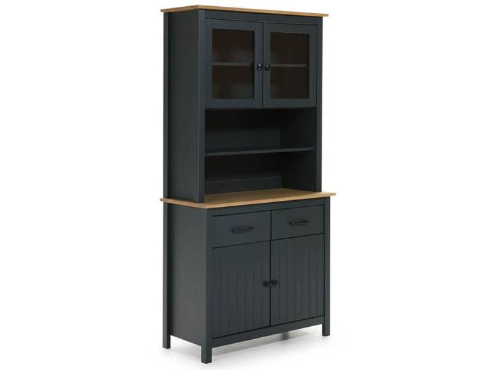 TINA - Buffet Haut 4 Portes 2 Tiroirs Bois Ciré et Bleu Pétrole