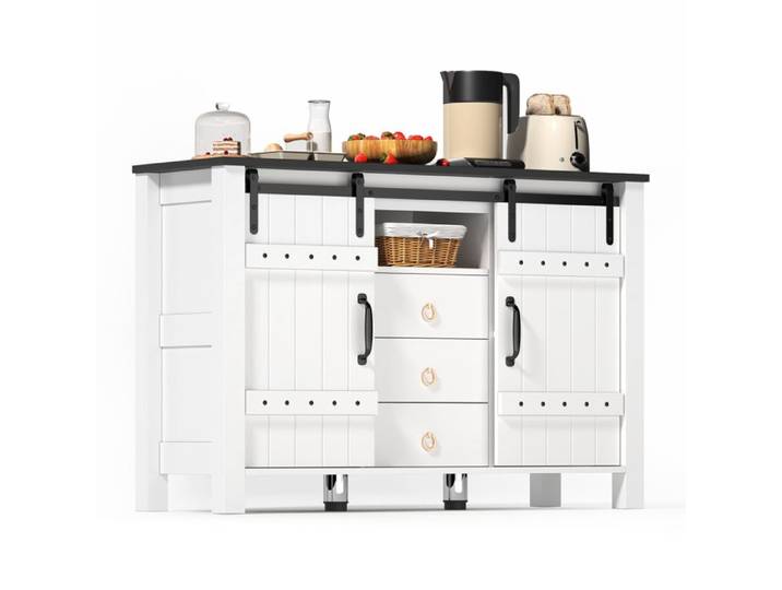 Buffet blanc avec portes coulissantes et 3 tiroirs style rustique moderne
