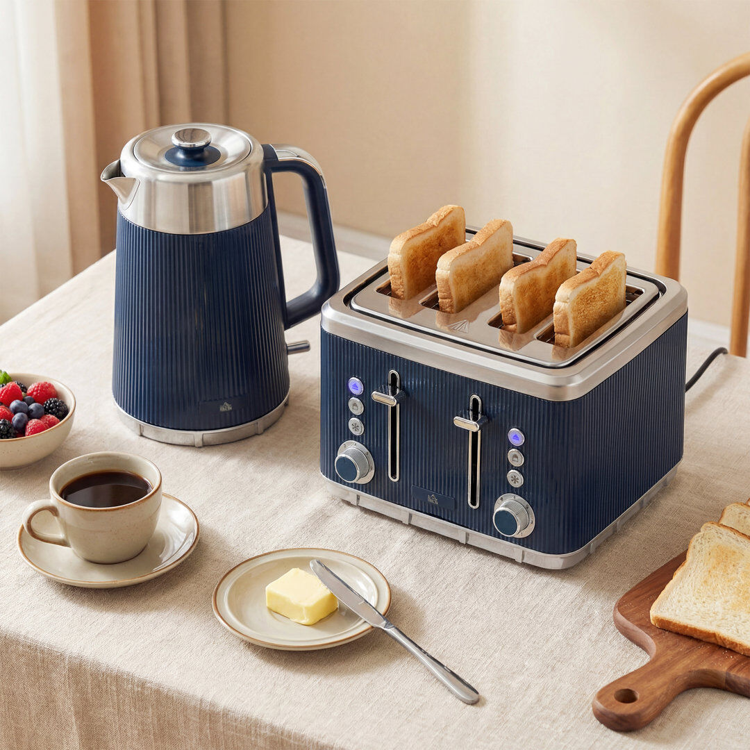 HOMCOM 1.7L 3000W Rapid Boil Kettle and 4 Slice Toaster Set Blue 4 - Slice