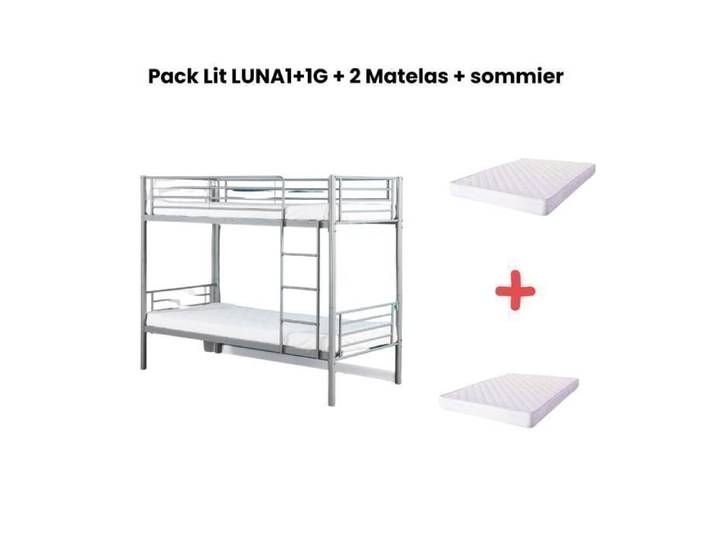 Pack Lit superposé séparable métal 2 couchages 90x190 cm gris + matelas LUNA
