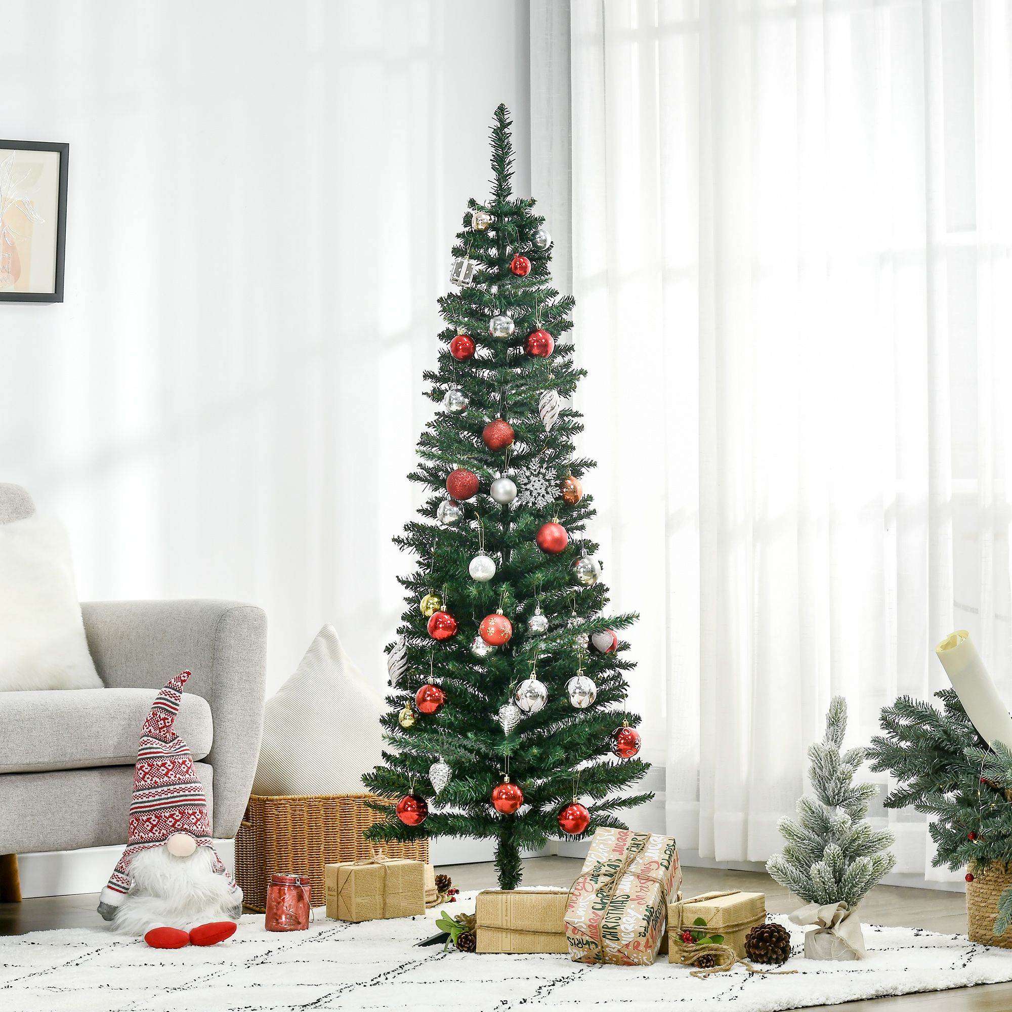 Homcom Albero di Natale Artificiale 150cm Alto e Stretto con Rami Realistici e Base in Plastica, Verde