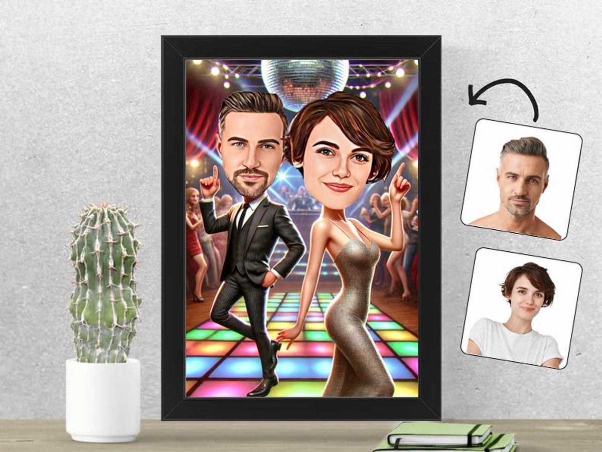 Gepersonaliseerde Dansfeest Karikatuur Fotolijst - Glamoureus Stel - 21 x 30 cm