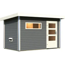 Karibu Gartensauna Pultdach Saunahaus Skrollan 1 mit Vorraum terragrau Moderne Saunatür (Klarglas) Ohne Ofen