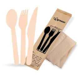 VEPATIM 150 Einweg Bestecksets aus Holz kompostierbar 4-teilig Gabel Messer Löffel Serviette hygienisch verpackt 50 Sets