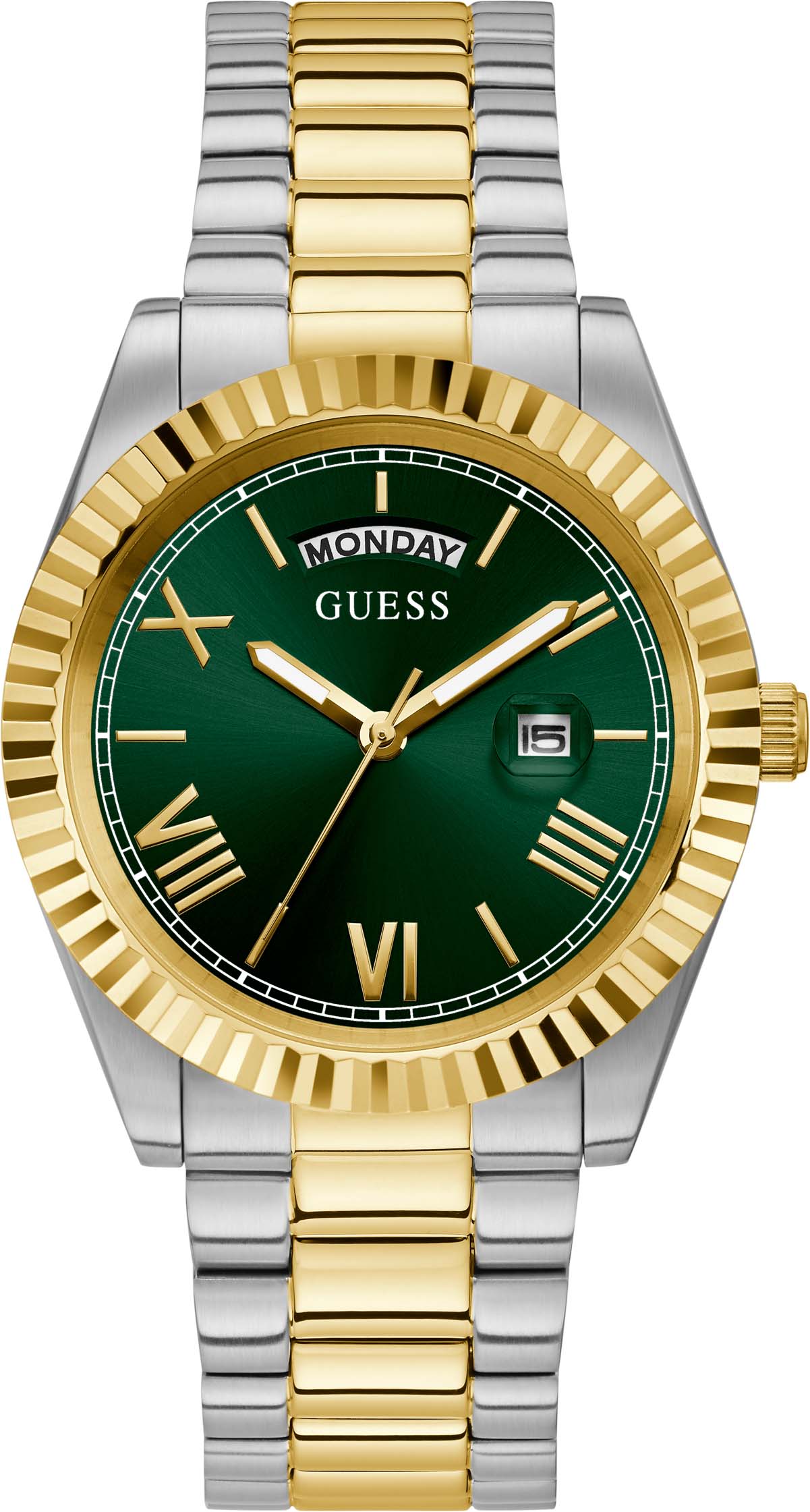 Quarzuhr GUESS "CONNOISSEUR", silber (silbergoldfarben, dunkelgrün, dunkelgrün), Armbanduhren, Herren, silbergoldfarben, Quarzuhr, Armbanduhr, Herrenuhr, Datum, Wochentag, Edelstahlarmband