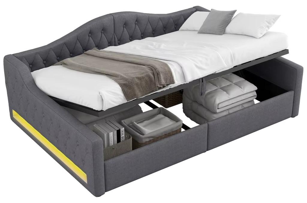 Gepolsterte Tagesliege - Schlafsofa - Integrierte LED-Beleuchtung - Stauraum unter dem Bett - 90 x 200 cm - Grau