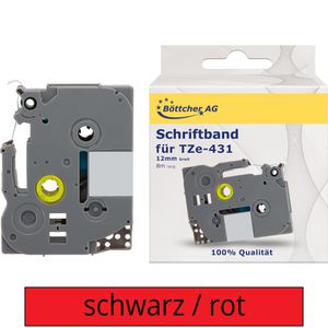 Kompatibles Schriftband für Brother TZe-431, 12mm, Länge 8m, schwarz auf rot