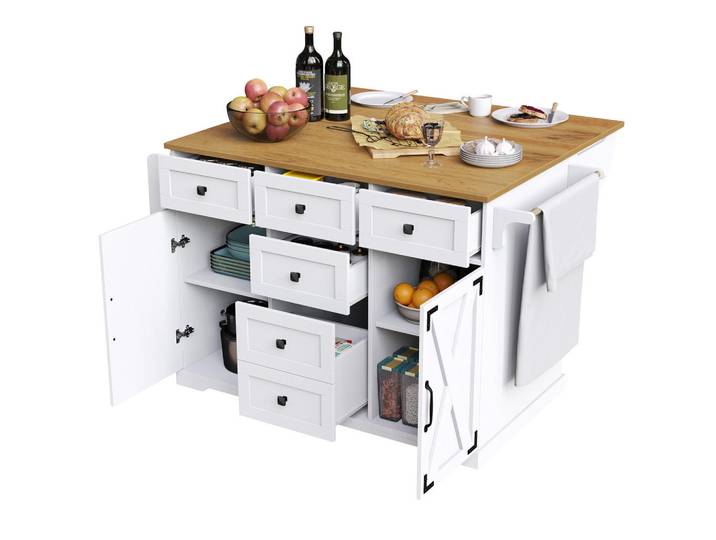 Oxeza Kücheninsel 147/70/93 cm Weiß mit Klappblatt, Großem Stauraum und Rollen, Holz, teilmassiv,teilmassiv, Mode, Küche mit Insel,Rechteckig, 147x93x70 cm, Küchen, Küchenmöbel, Kücheninseln