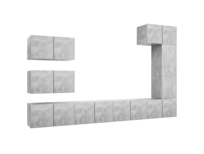 LKJephalotrop 8-TLG TV-Schrank-Set Hängend Betongrau Holzwerkstoff Platzsparendes Wandboards-Set für Wohnzimmer und Schlafzimmer mit großzügigen Fächern für Mediengeräte und Zubehör.