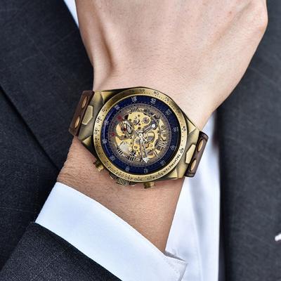 Daily Deals Depot Elegant Retro Skeleton Dial Men's Watch, Automatic Mechanical Movement & Premium Leather Strap Elegant Retro Skeleton Dial Men's Watch, Automatic Mechanical Movement & Premium Leather Strap