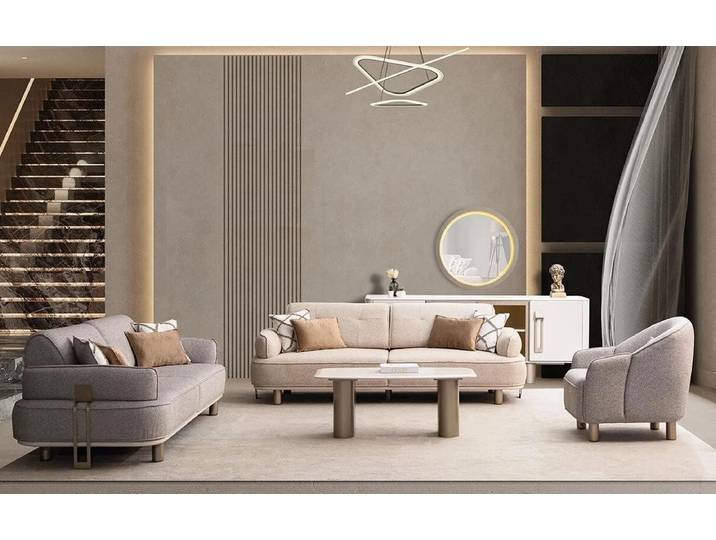 Xlmoebel Polstergarnitur Beige Polstergarnitur mit Sessel und Couchtisch von XLMOEBEL, (Polstergarnitur, 4-tlg., Polstergarnitur mit Sessel und Couchtisch), Made in Europa