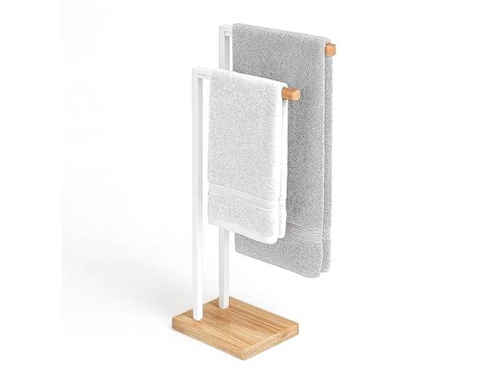 Porte-Serviettes Relaxdays sur Pied\, à 2 Barres\, pour Serviettes de Bain et de Toilette\, métal et Bambou\, Blanc/Nature