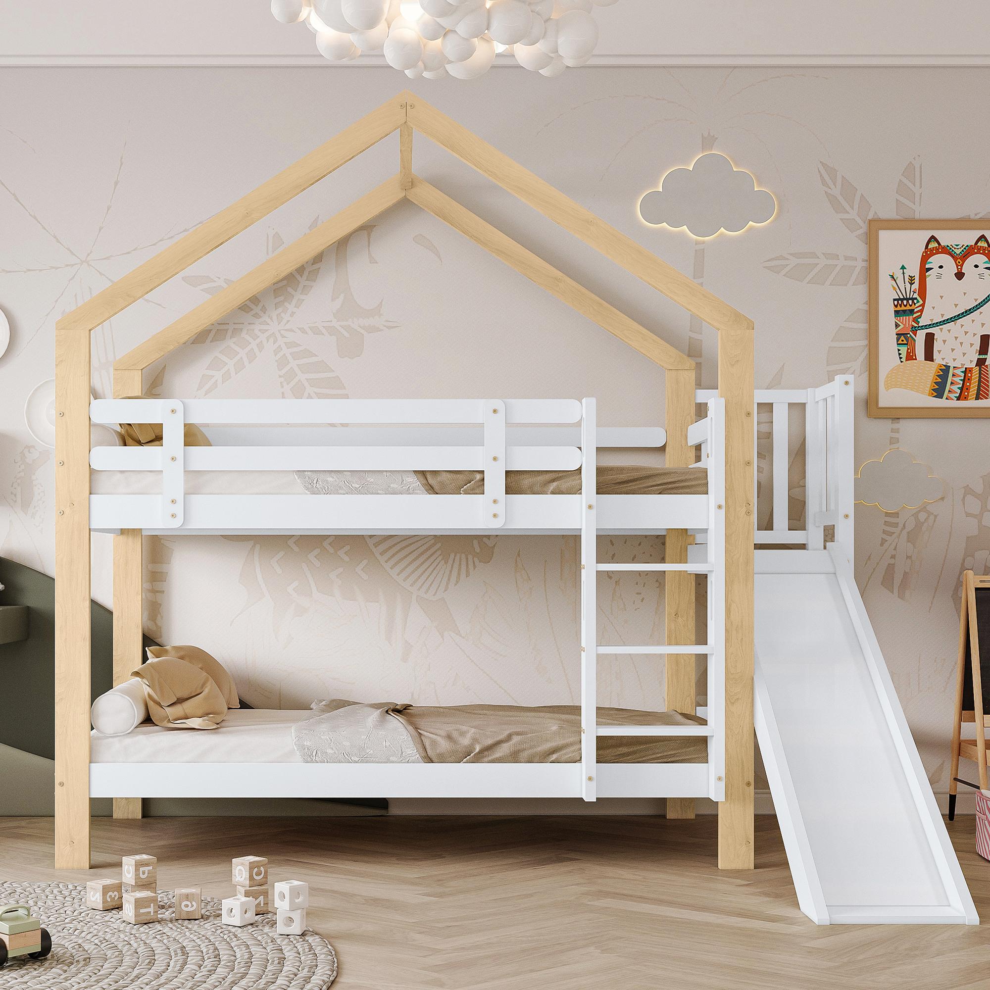 Sweiko Etagenbett mit Rutsche und dreistufiger Winkelaufstiegsleiter, Hausbett mit mit Absturzsicherung, Kinderbett, Bettrahmen aus Massivholz, Weiß+Natur, 90x200cm