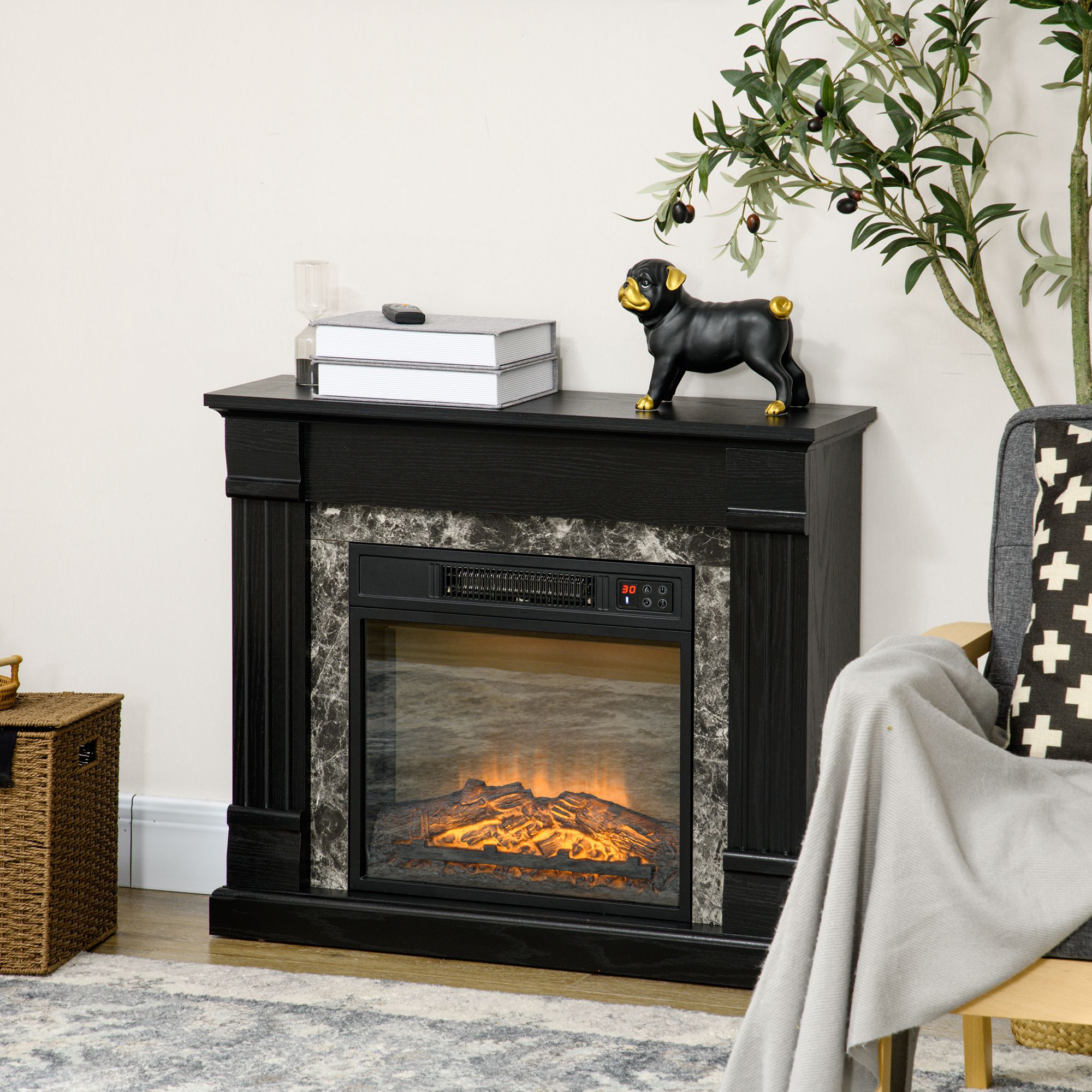 Homcom Camino Elettrico da Incasso a Terra con Timer, Fiamma e Temperatura Regolabile, 80x21.6x67.8 cm, Nero