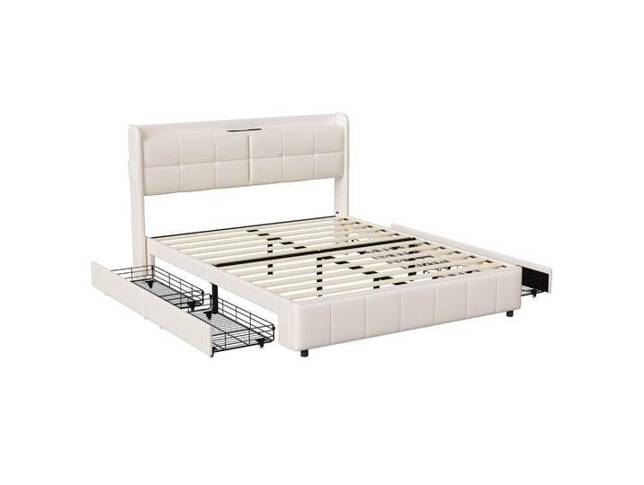 Shopentra Bettgestell 160x200cm mit Kunstleder, Stauraum & Ladefunktion, Weiß, Holz, Schlafzimmer, Betten