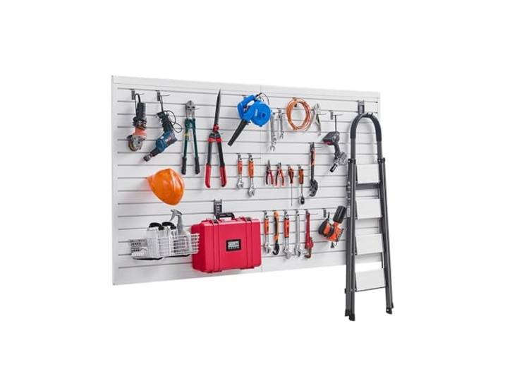VEVOR Panneau à Lattes Mural Garage\, 1225 x 2450 mm\, Panneau Rangement Outils PVC avec Accessoires\, Porte-outils Muraux avec Crochets pour Affichage\, Organisation\, Stockage\, Atelier\, Artisanal\, Blanc